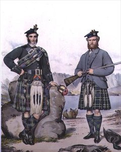 Kilttipukuisia metsästäjiä Hebrideillä, kaiverrettu Vincent Brooksin toimesta, noin 1868 (litografia). tekijältä Kenneth (after) Macleay