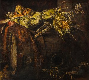 Old Barrel and Cobs of Corn (öljy kankaalle)