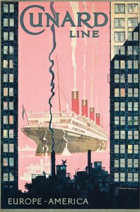 Mainosjuliste matkustaa Euroopasta Amerikkaan laivayhtiö Cunard Linen kanssa, c. 1925 (värilitografia)