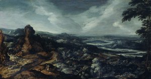 Panoraamamaisema Tobiaksen ja enkelin kanssa tekijältä Kerstiaen de Keuninck (attributed to)