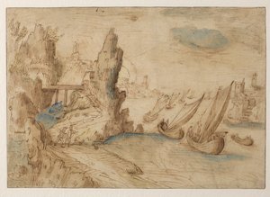Kuvitteellinen rannikkomaisema kalastusaluksilla, 1575-1633