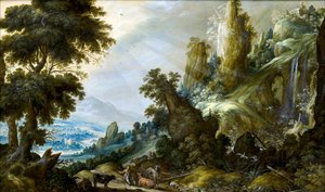 Vuoristomaisema ja vesiputous, Keuninck, Kerstiaen, de (noin 1560-1633)