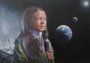 Greta puhuu (Wake Up Humanity!), 2022 (maalaus) tekijältä Kevin Parrish