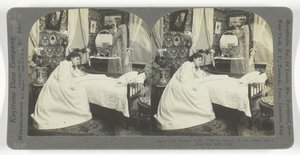 Tyhjä sänky. Olemme lähempänä toista rantaa siitä lähtien, kun vauva kuoli, 1899. tekijältä Keystone View Company
