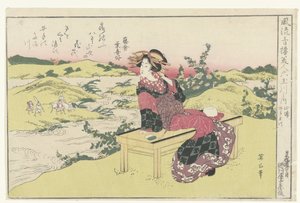 Ide Tama -joki Yamashirossa, maakunnassa Yamashiro, Ide no Tamagawa. (otsikko esineessä) Hienostuneiden huvitalojen kauneutta verrattuna kuuteen Tama-jokeen (sarjan nimi) Furyu seiro bijin Mu Tamagawa no uchi. (sarjan otsikko objektissa)