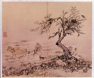 Taiteen ydin: kyntökohtaus. Kim Hong-don (Kim Hong Do) tai Danwonin (1745-n. 1806) vedoksia