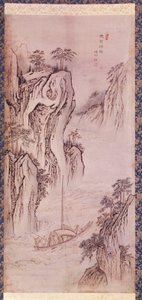 Taiteen ydin: Mu-i:n paluu. Coreen maisema veneellä ja jyrkkä kallio. Painos Kim Hong do tai Danwon (1745-n. 1806). 1760. Hyung Pil Chun -kokoelma.