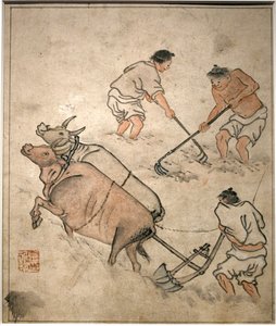 Maataloustyön kohtaus. Danwonin (Kim Hongdo) (1745-1806) maalaus, muste paperille, Coreen-taide, aikakausi Joseon (Choson) 1700-luku. Korean kansallismuseo, Soul (Etelä-Korea).