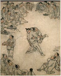 Perinteisen painin kohtaus, jossa katsojia ja makeismyyjä. Danwonin (Kim Hongdo) (1745-1806) maalaus, muste paperille, Coreen-taide, aikakausi Joseon (Choson) 1700-luku. Korean kansallismuseo, Soul (Etelä-Korea).
