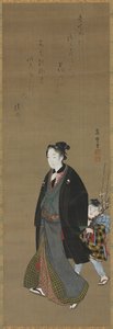 Mies kuljeskelemassa kukkivaa oksaa kantavan pojan kanssa, n. 1810. tekijältä Kitagawa Fujimaro