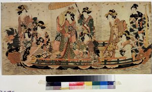 Ihaile kirsikankukkia (Hanami) (Cherry Blossom Viewing, Hanami). Painos Kitagawa Utamaro II (?-1831). Värisyövytys, 37 x 76 cm. Itämainen taide. Pushkin-museo, Moskova