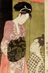 Mies maalaa naista (puukiviprintti) tekijältä Kitagawa Utamaro