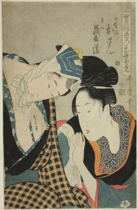 Taitotesti - rakkauden päävedet (Jitsu kurabe iro no minakami): Osan ja Mohei (värillinen puupiirros; oban). tekijältä Kitagawa Utamaro