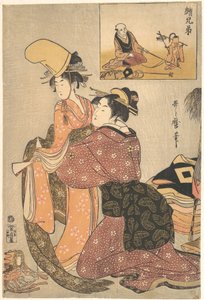 Nainen pukee tyttöä kabuki-tanssia "Musume Dojōji" varten, rinnakkaiskuvana (E-kyōdai) apinankouluttaja tekijältä Kitagawa Utamaro