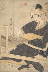 Nainen kutomassa, istumassa käsipuussa, n. 1796. tekijältä Kitagawa Utamaro