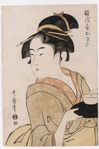 Naniwayan teehuoneen tarjoilija Okitan rintakuva tekijältä Kitagawa Utamaro