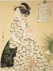 Kesäkimonoa pukeutunut kaunotar sarjasta "Utamaro-tyyliin kudotut brokadimallit" ("Nishiki-ori Utamaro-gata-shinmoyo") tekijältä Kitagawa Utamaro