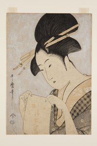 Kauneus käsipyyhkeellä (värillinen puupainatus) tekijältä Kitagawa Utamaro