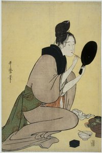 Bijin-ga. Tyttö levittää meikkiä huulilleen tekijältä Kitagawa Utamaro
