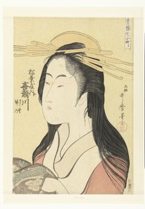 Matsubayan talon kurtisaani Kisegawan rintakuva. Matsubaya uchi Kisegawa (otsikko esineessä) Seitsemän Komachia huvitaloista (sarjan nimi) Seiro nana Komachi (sarjan nimi esineessä) tekijältä Kitagawa Utamaro