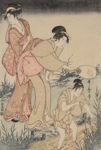 Tulikärpästen pyydystäminen pajupuun alta (oikealla) tekijältä Kitagawa Utamaro