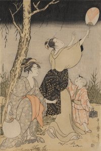 Tulikärpästen pyydystäminen pajupuun alta vasemmalla, c. 1796-1797. tekijältä Kitagawa Utamaro