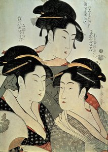 Lähikuva kolmen naisen maalauksesta, Kitagawa Utamaro, Kansein aikakausi, Japani tekijältä Kitagawa Utamaro
