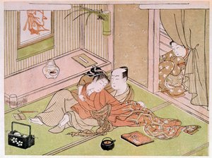 Pari hyväilee palvelijattaren japanilaisen printin katseessa. Utamaro Kitagawa (1753-1806). 1700-luvulla. Pariisi, Guimetin museo, Aasian taiteen kansallinen museo tekijältä Kitagawa Utamaro