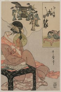 Kurtisaani uneksimassa avioliittokulkueesta, 1790-luvun loppu (värillinen puupiirrosjälki) tekijältä Kitagawa Utamaro