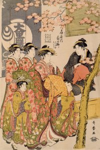 Kurtisaanit kävelemässä kirsikkapuiden alla ennen Daikoa, n. 1789 (oban tate-e -puupainatus, väri paperille) (203664:n yksityiskohta) tekijältä Kitagawa Utamaro