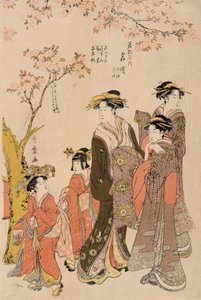 Kurtisaanit kävelemässä kirsikkapuiden alla, n. 1789 (puupainatus) (203664:n yksityiskohta) tekijältä Kitagawa Utamaro