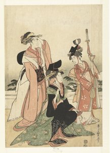 Kurtisaani matkii hovimiestä. tekijältä Kitagawa Utamaro