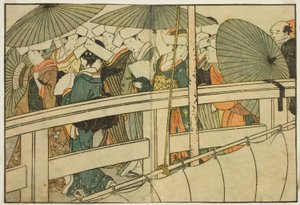 Crossing a Bridge in Summer, kuvitetusta kirjasta "Picture Book: Flowers of the Four Seasons (Ehon shiki no hana)," voi. 1 tekijältä Kitagawa Utamaro