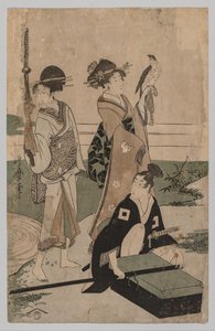Daimio ja hänen seuralaisensa ylittämässä puron tasangolla lähellä Fujia, 1753-1806. tekijältä Kitagawa Utamaro