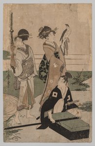 Daimyō ja hänen seuraajansa ylittävät virran tasangolla lähellä Fujia tekijältä Kitagawa Utamaro