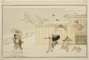 Uudenvuoden lahjojen toimittaminen lumessa kuvitetusta kyoka-antologiasta "The Young God Ebisu (Waka Ebisu)" tekijältä Kitagawa Utamaro