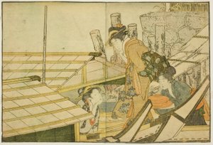 Lähdössä huviveneisiin kesällä, kuvitetusta kirjasta "Picture Book: Flowers of the Four Seasons (Ehon shiki no hana)," voi. 1 tekijältä Kitagawa Utamaro