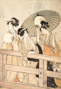 Nautitaan viileästä iltatuulesta sillalla ja sen alla, n. 1800. tekijältä Kitagawa Utamaro