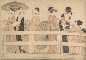 Nautitaan viileästä iltatuulesta...sillalla, n. 1800. tekijältä Kitagawa Utamaro