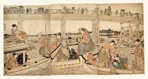 Kalastusveneitä verkkoineen Ryōgoku-sillan alla tekijältä Kitagawa Utamaro