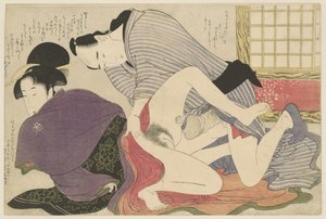 Geisha ja rakastaja vapaasti seisovassa taittonäytössä Negai no itoguchi (sarjan nimi) tekijältä Kitagawa Utamaro