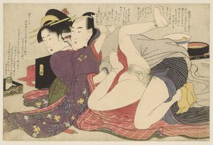 Geisha pitkähihaisessa kimonossa ja hänen rakastajansa Negai no itoguchi (sarjan nimi) tekijältä Kitagawa Utamaro