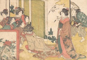 Esiintyjien viihdyttämiä tyttöjä kuvitetusta kirjasta Flowers of the Four Seasons, 1801. tekijältä Kitagawa Utamaro