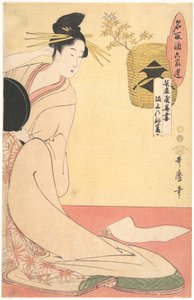 "Hanazuma Hyōgoyasta ja Kenbishi Sakagamista" sarjasta Saken vertaiset verrattuina kuuden talon valikoituihin asukkaisiin (Natori zake rokkasen: Hyōgoya Hanazuma, Sakagami no Kenbishi) tekijältä Kitagawa Utamaro