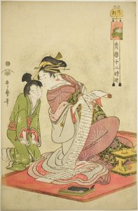 Hour of the Dog (Inu no koku), from the series "Twelve Hours in Yoshiwara (Seiro juni toki tsuzuki)" tekijältä Kitagawa Utamaro