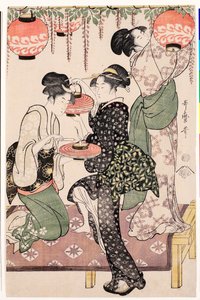 Nuoret tytöt japanilaisesta teehuoneesta ripustamassa lyhtyjä wisteria-espalierista - Kitagawa Utamaron vedos (1753-1806), noin 1795, linoleikkaus - Teehuonetytöt wisteria espalierin alla - Kitagawa Utamaron (1753-1806) värillinen linoleikkaus, ca1 tekijältä Kitagawa Utamaro