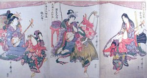 Kintaro, Urashimataro ja Momotaro, triptyykistä "Kolmen sake-kupin sarja ensimmäistä kuukautta varten (Tarozuki mitsugumi sakazuki)". tekijältä Kitagawa Utamaro
