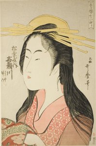 Matsubayan Kisegawa, [jonka avustajat ovat] Sasano, Takeno (Matsubaya uchi Kisegawa, Sasano, Takeno), sarjasta "Seitsemän Yoshiwaran komachia" ("Seiro nana Komachi") tekijältä Kitagawa Utamaro