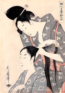 ""La Coiffeuse"" (Kampaaja) (Kamiyui) Gravure de Kitagawa Utamaro (1753-1806) - c 1798 - Värillinen puupiirros - 38x27,6 - Etelä-Australian taidegalleria tekijältä Kitagawa Utamaro