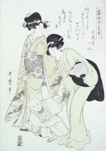 Lady ja sairaanhoitaja opettavat lasta kävelemään (puukiviprintti) tekijältä Kitagawa Utamaro